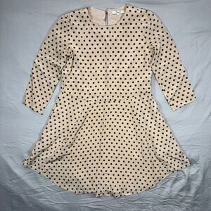 Madewell Silk Polka Dot A Line Dress Beige Black XXS 3/4 Sleeve Round Neck